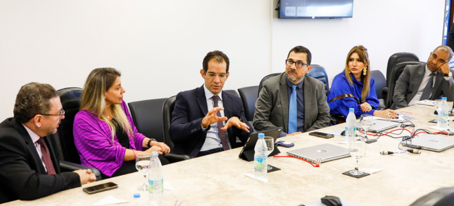 Imagem Seis pessoas estão sentadas em torno de uma mesa, em um ambiente corporativo, participando de uma reunião. Ao centro, com um terno escuro, o juiz federal Bruno Teixeira gesticula enquanto fala sobre o aplicativo PJE 2.x Móbile. Os outros participantes, igualmente formais, escutam atentamente. 