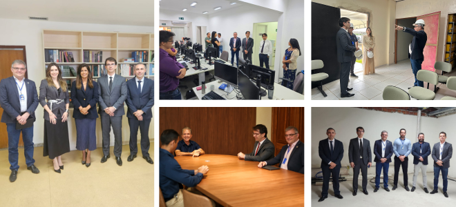 Imagem A imagem é composta por cinco fotografias que registram momentos da visita da Direção do Foro e da equipe administrativa da Justiça Federal na Paraíba às Subseções Judiciárias de Sousa, Patos e Campina Grande.  As fotos mostram reuniões com servidores e magistrados, visitas às instalações, inspeção das obras em andamento e registros institucionais em diferentes ambientes do prédio. Em todas, os participantes estão de traje formal e demonstram interação com os setores visitados.