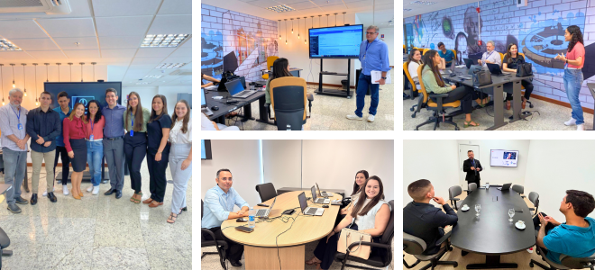 Imagem Composição com seis fotos registradas durante atividades de capacitação na Justiça Federal na Paraíba. Em destaque, servidores e servidoras participam de reuniões e treinamentos em salas modernas, com mesas de trabalho, notebooks e telões.